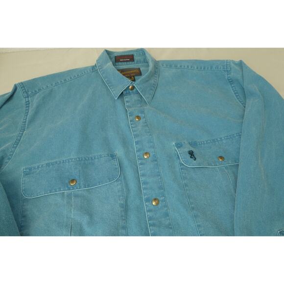 Browning Super Naturals Shirt Mens XL Teal Long Sleeve Snap Front Hunting Cotton - Picture 7 of 10